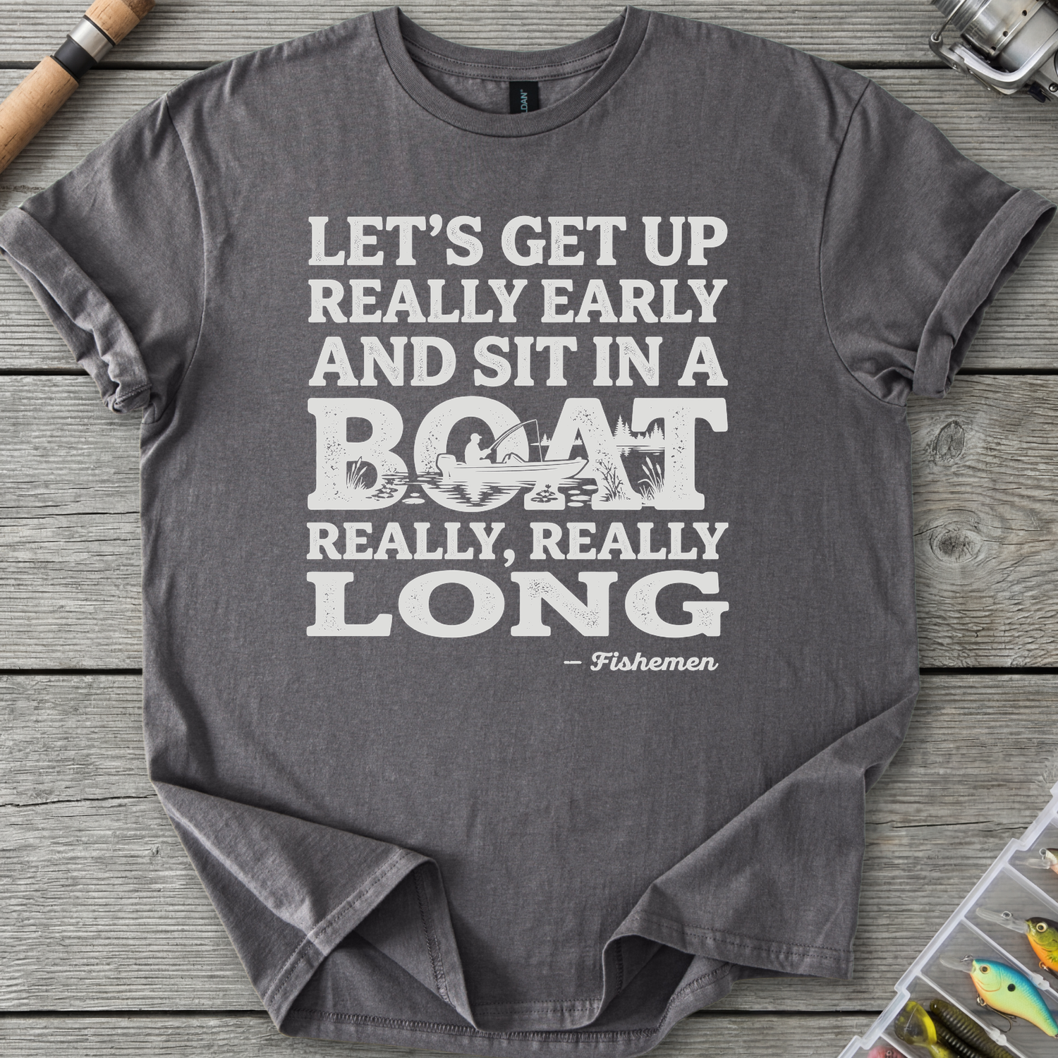 Fish In A Boat Really Long T-Shirt in Charcoal | River Giants Club