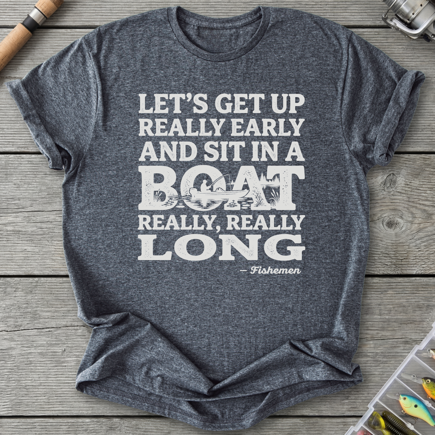 Fish In A Boat Really Long T-Shirt in Dark Heather | River Giants Club