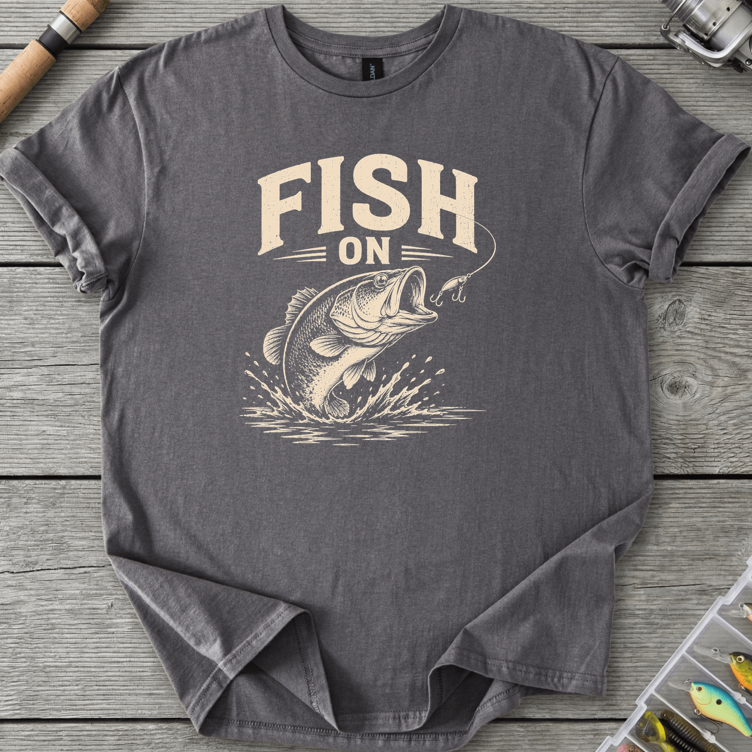 Fish On Bass Fishing T-Shirt in Charcoal | River Giants Club