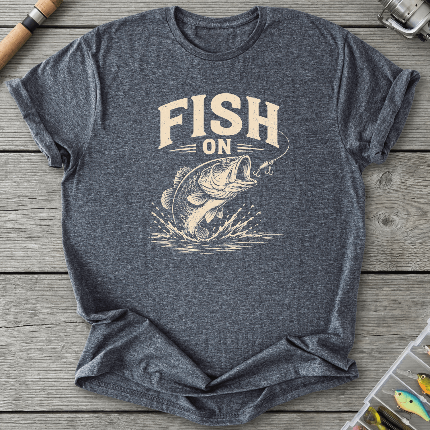 Fish On Bass Fishing T-Shirt in Dark Heather | River Giants Club
