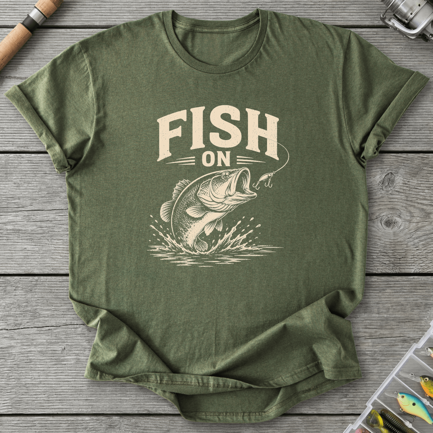 Fish On Bass Fishing T-Shirt in Military Green | River Giants Club