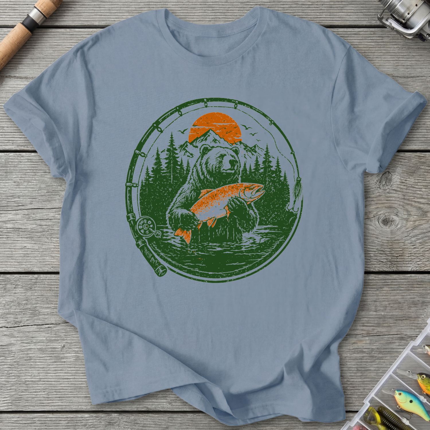 Fishing Bear T-Shirt in Stone Blue | River Giants Club