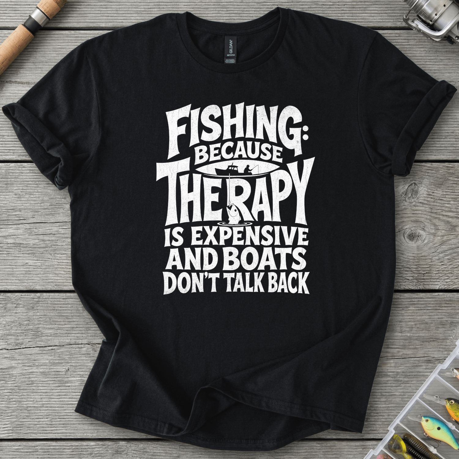 Fishing Because Therapy Is Expensive T-Shirt in Black | River Giants Club