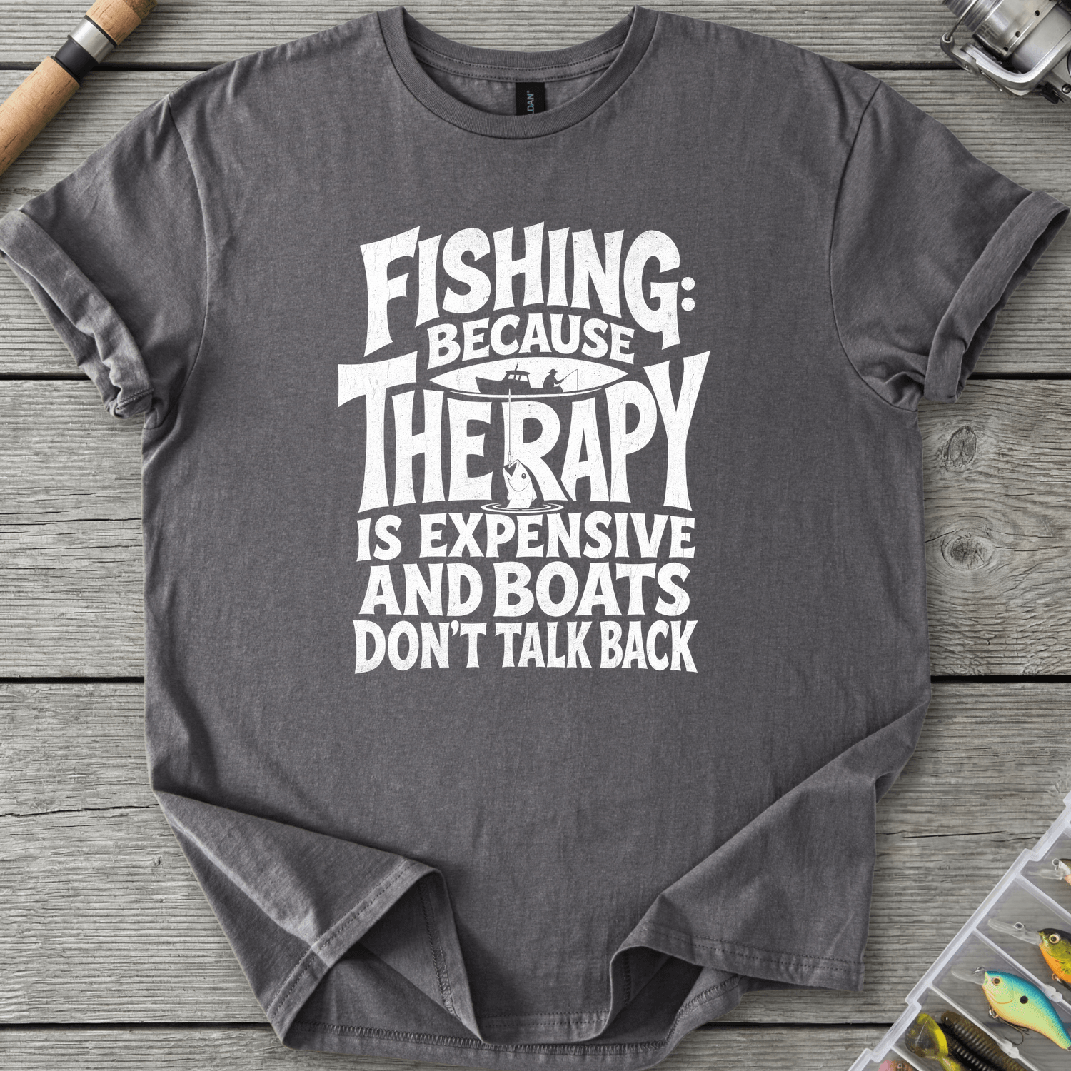 Fishing Because Therapy Is Expensive T-Shirt in Charcoal | River Giants Club
