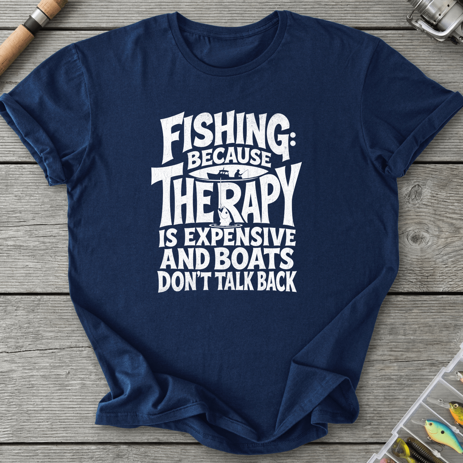 Fishing Because Therapy Is Expensive T-Shirt in Navy | River Giants Club