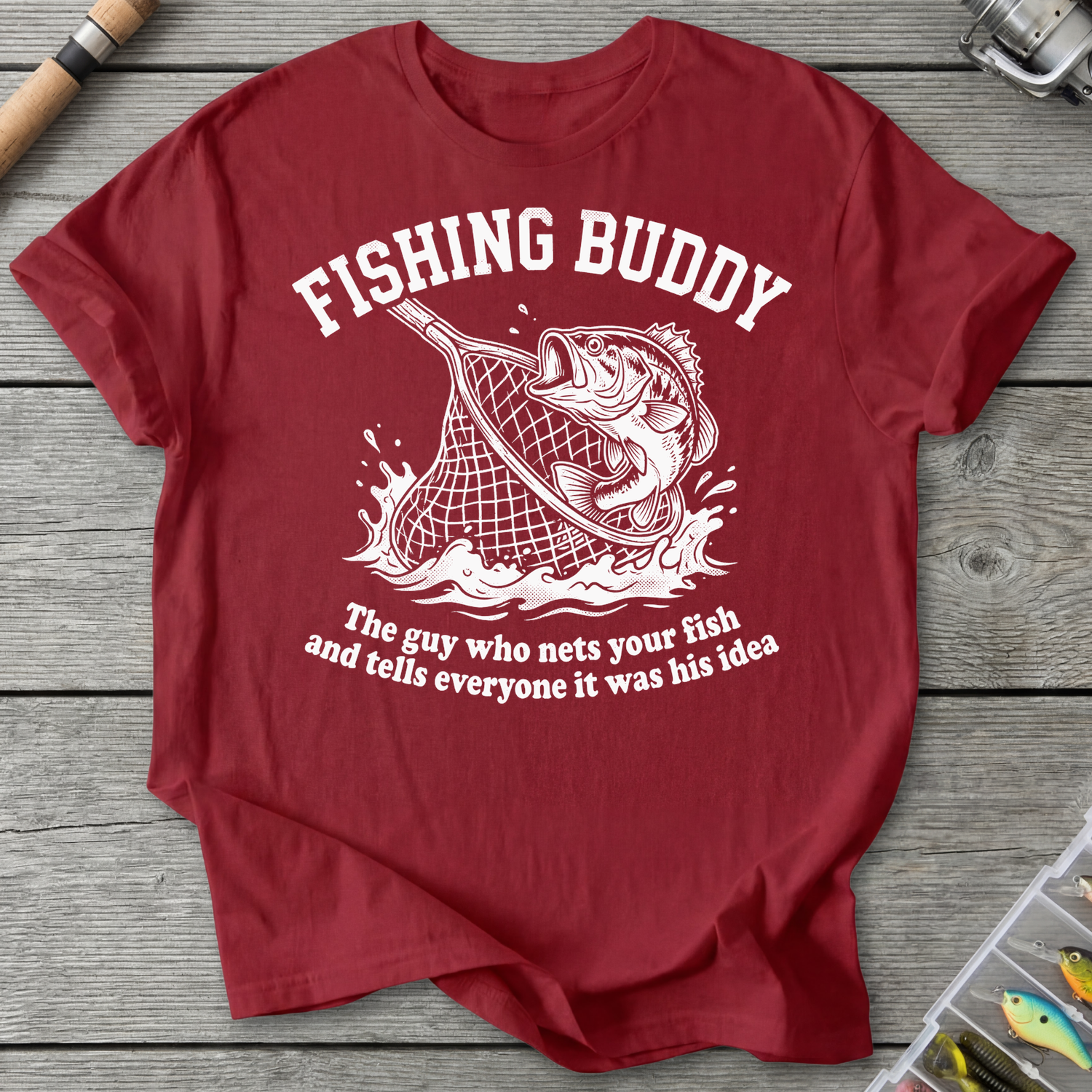 Fishing Buddy funny fishing t-shirt with net and bass — Fishing Buddy Funny Fishing T-Shirt in Antique Cherry Red | River Giants Club