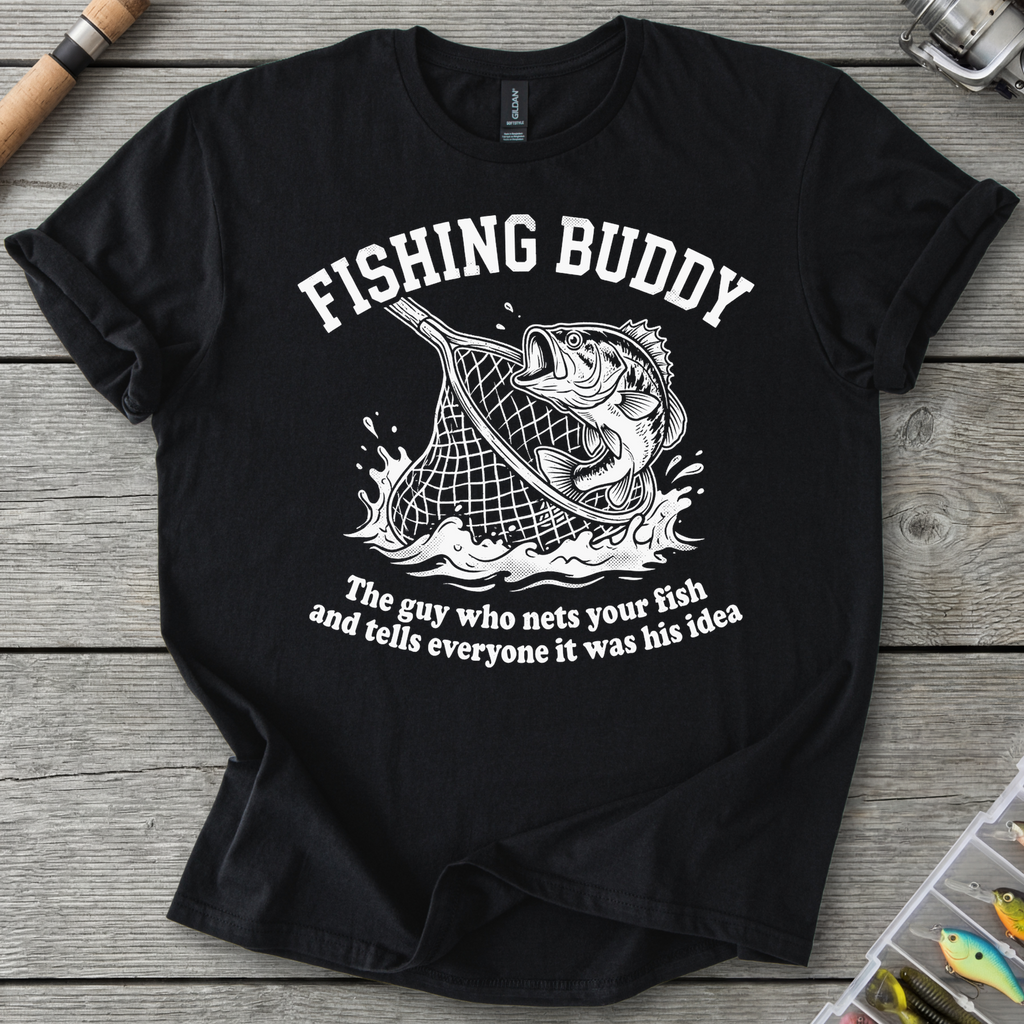 Fishing Buddy funny fishing t-shirt with net and bass — Fishing Buddy Funny Fishing T-Shirt in Black | River Giants Club