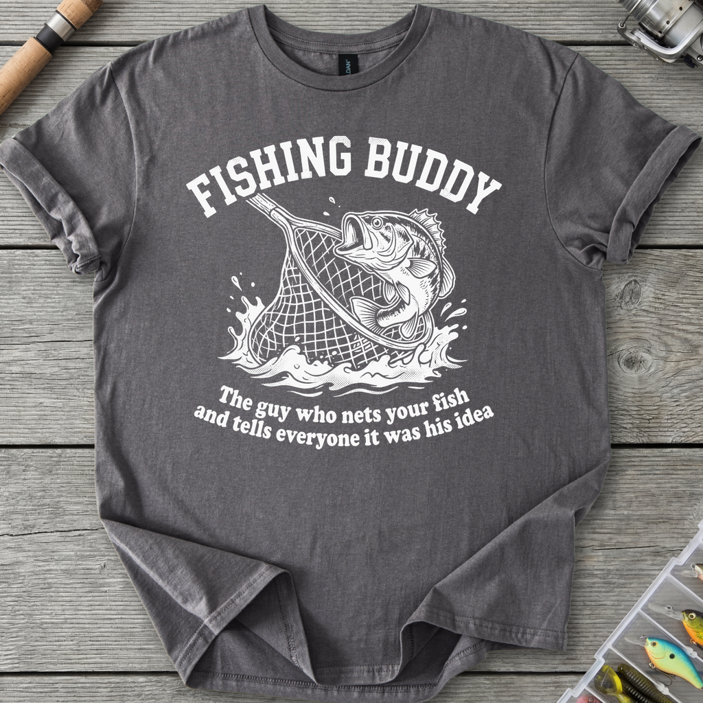 Fishing Buddy funny fishing t-shirt with net and bass — Fishing Buddy Funny Fishing T-Shirt in Charcoal | River Giants Club