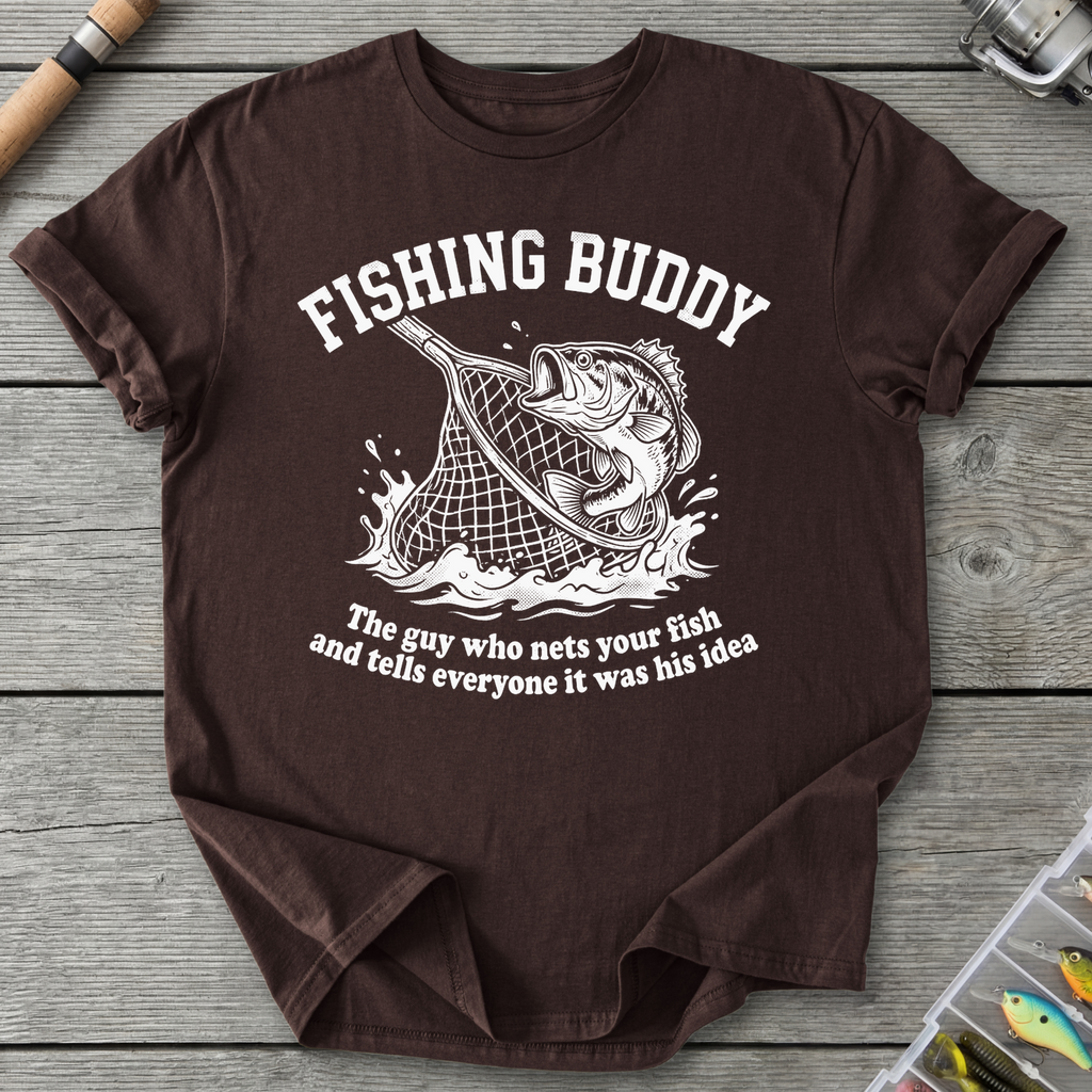 Fishing Buddy funny fishing t-shirt with net and bass — Fishing Buddy Funny Fishing T-Shirt in Dark Chocolate | River Giants Club