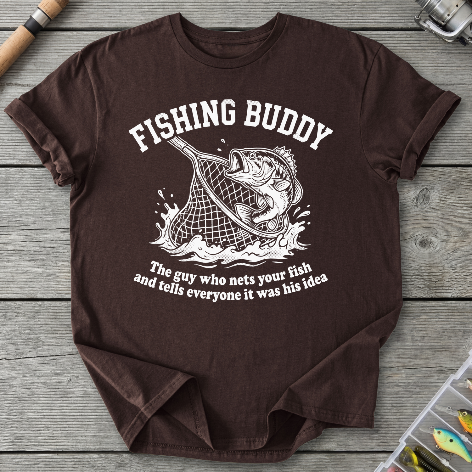 Fishing Buddy funny fishing t-shirt with net and bass — Fishing Buddy Funny Fishing T-Shirt in Dark Chocolate | River Giants Club
