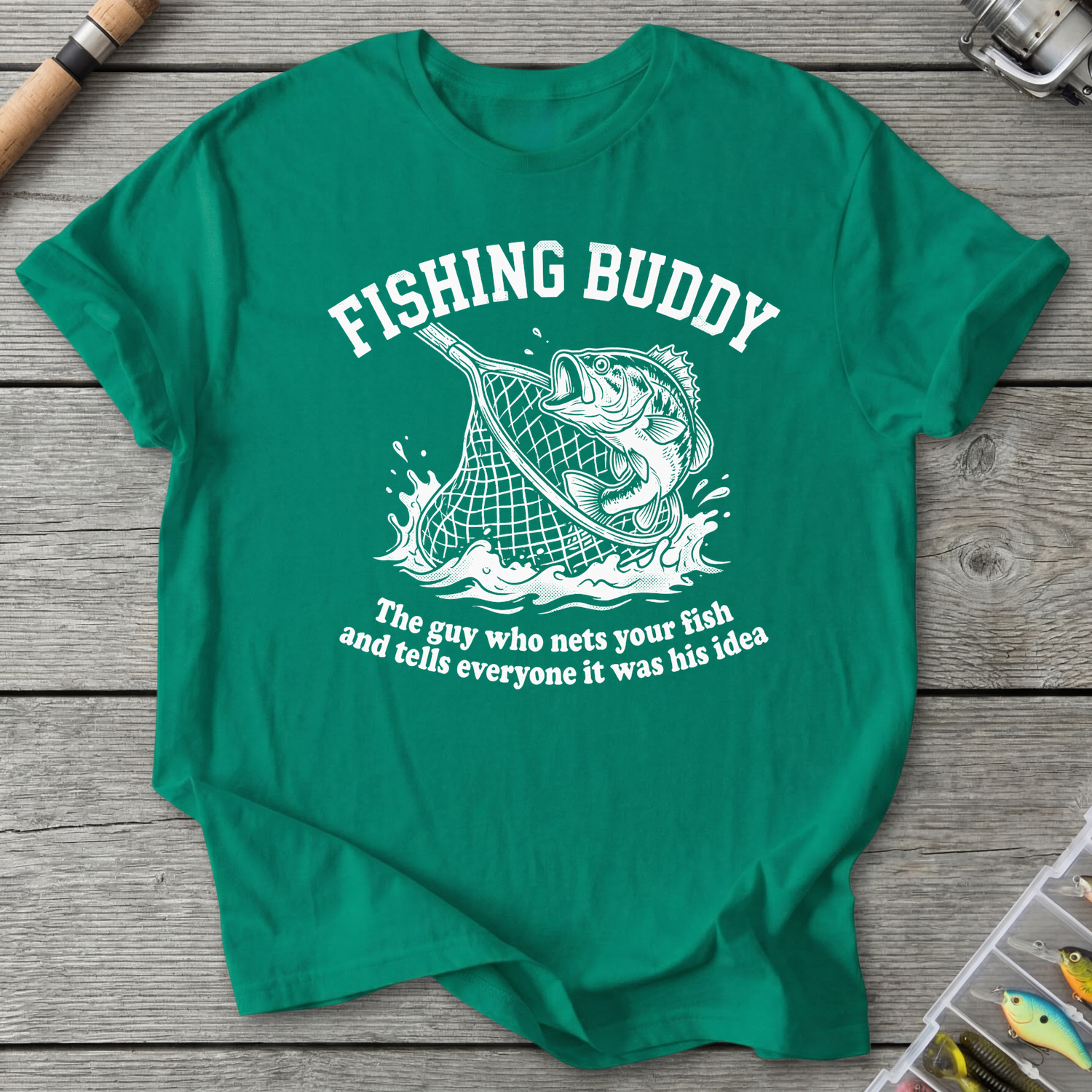 Fishing Buddy funny fishing t-shirt with net and bass — Fishing Buddy Funny Fishing T-Shirt in Kelly Green | River Giants Club