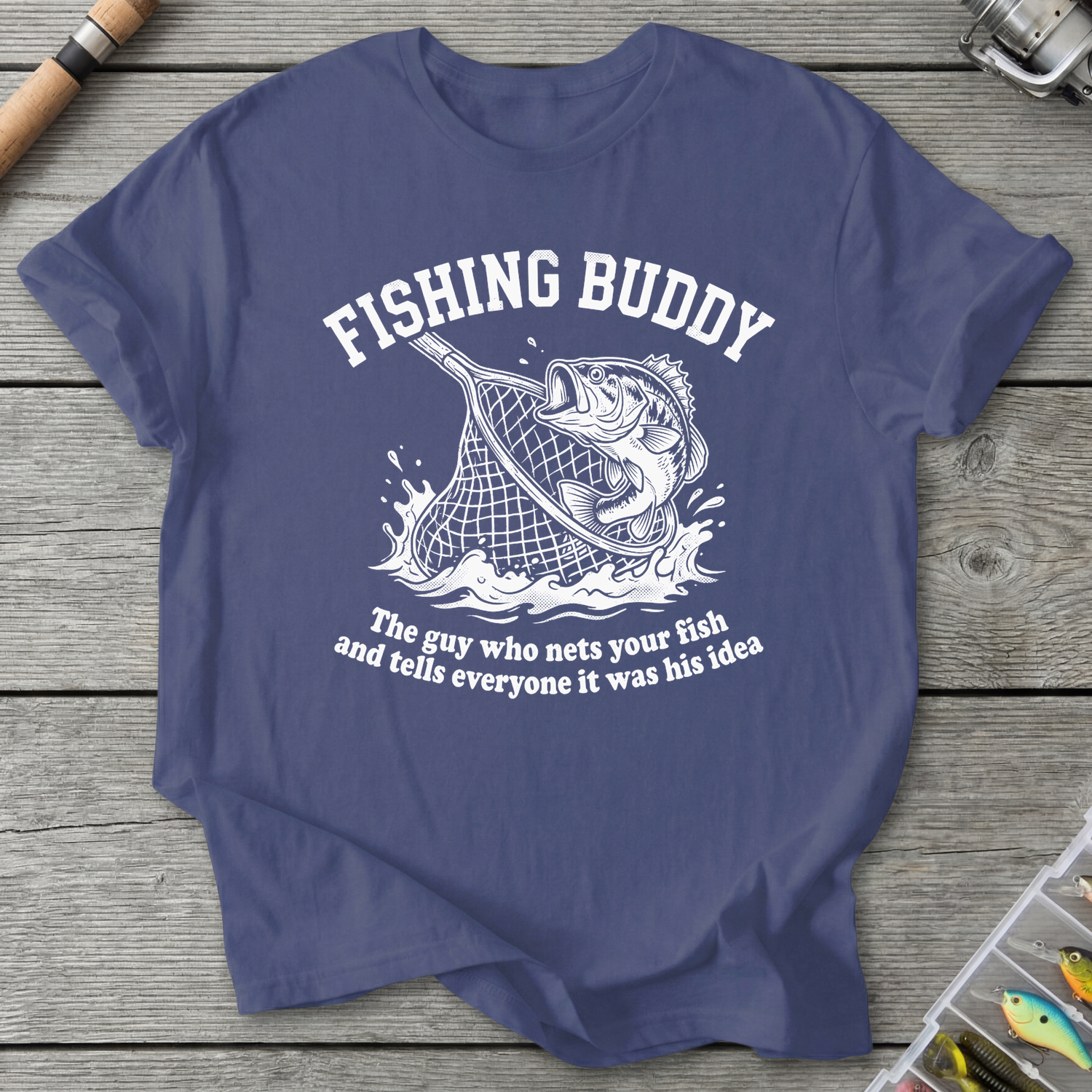Fishing Buddy funny fishing t-shirt with net and bass — Fishing Buddy Funny Fishing T-Shirt in Metro Blue | River Giants Club