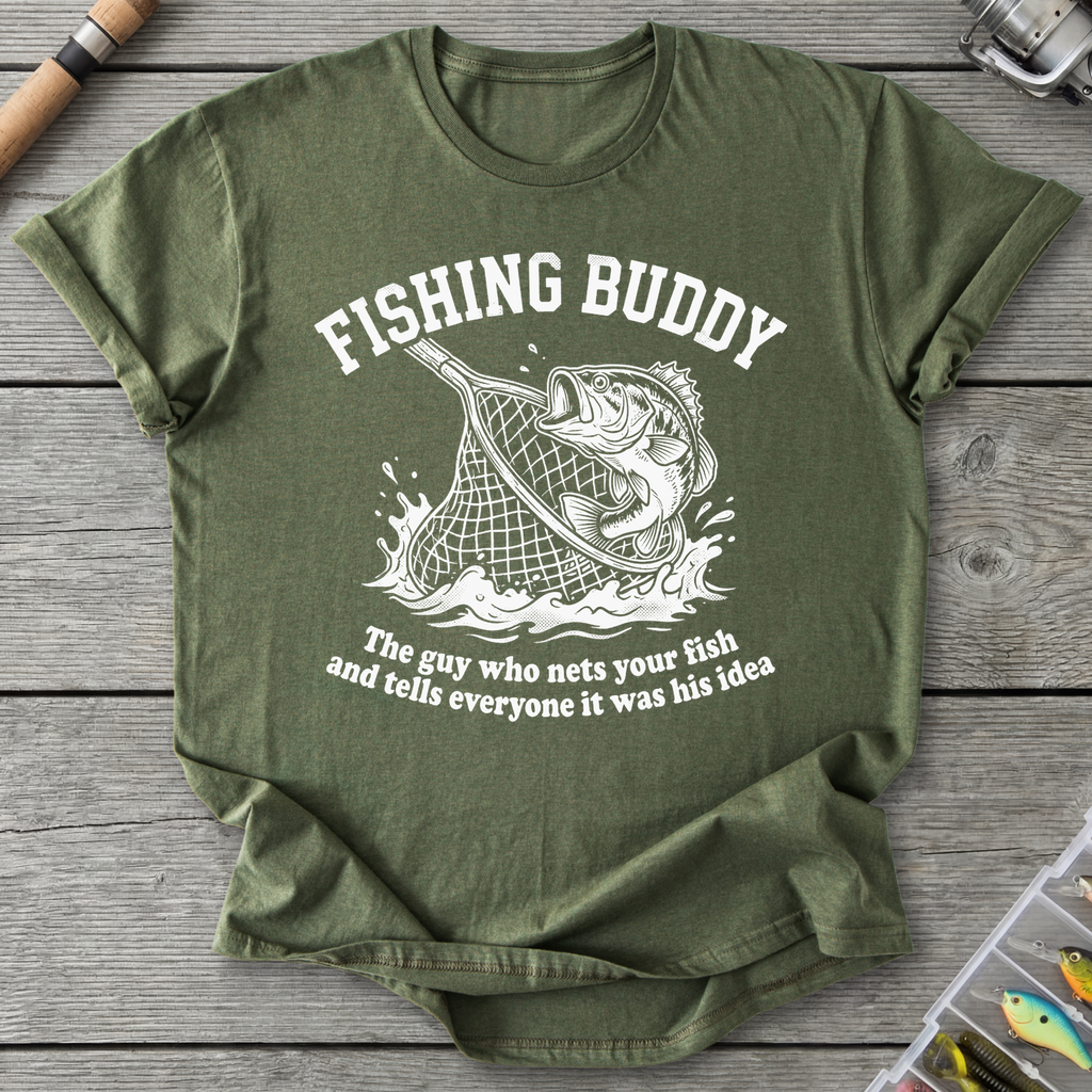 Fishing Buddy funny fishing t-shirt with net and bass — Fishing Buddy Funny Fishing T-Shirt in Military Green | River Giants Club