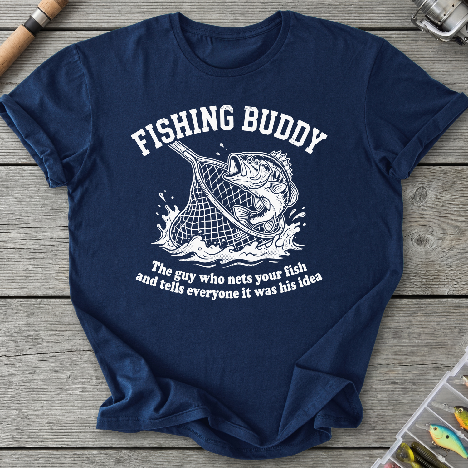 Fishing Buddy funny fishing t-shirt with net and bass — Fishing Buddy Funny Fishing T-Shirt in Navy | River Giants Club