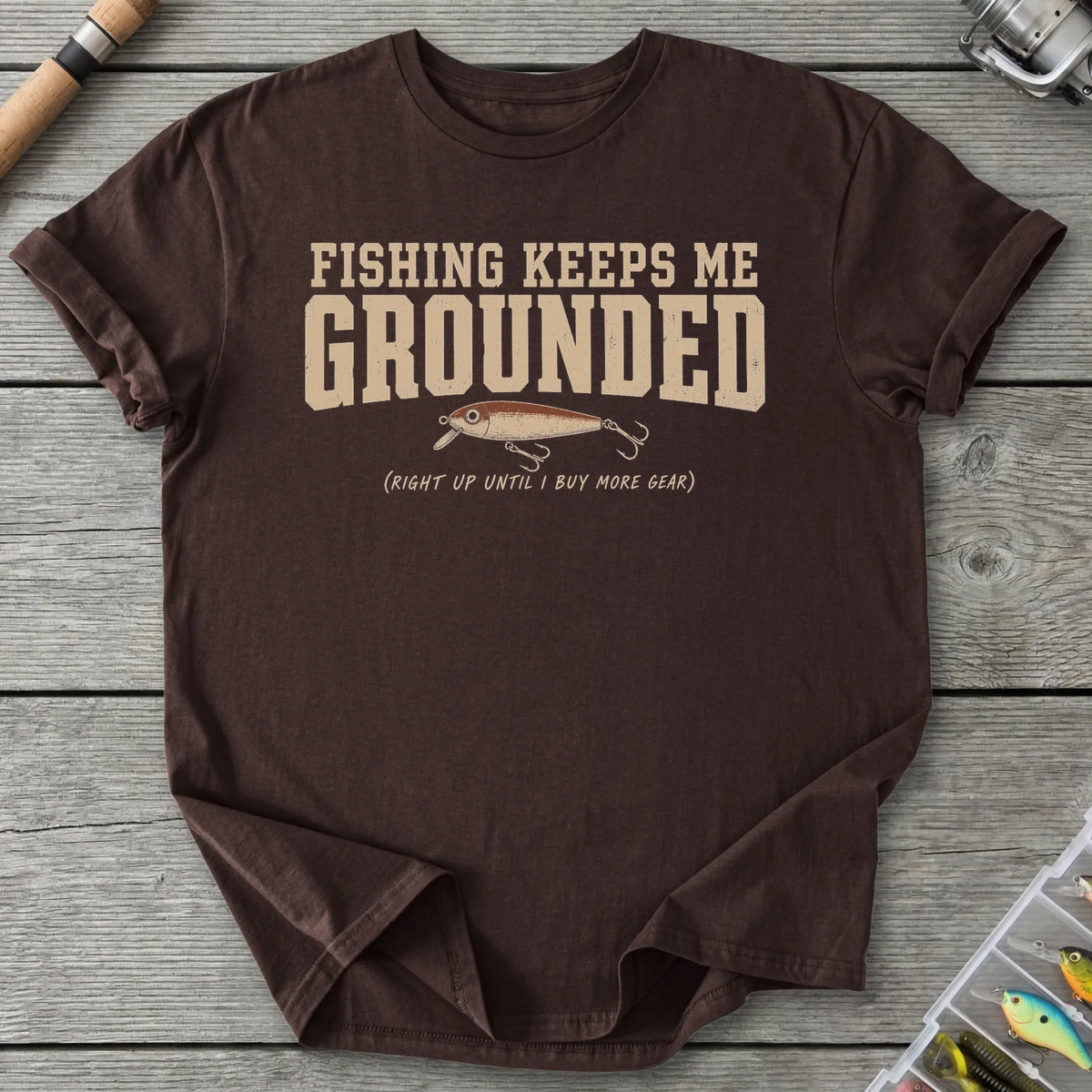 Fishing Keeps Me Grounded T-Shirt in Dark Chocolate | River Giants Club