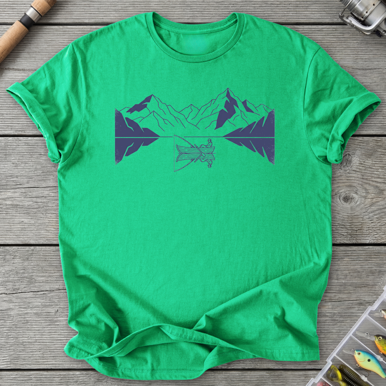 Fishing Lake Mountain Reflection T-Shirt in Irish Green | River Giants Club