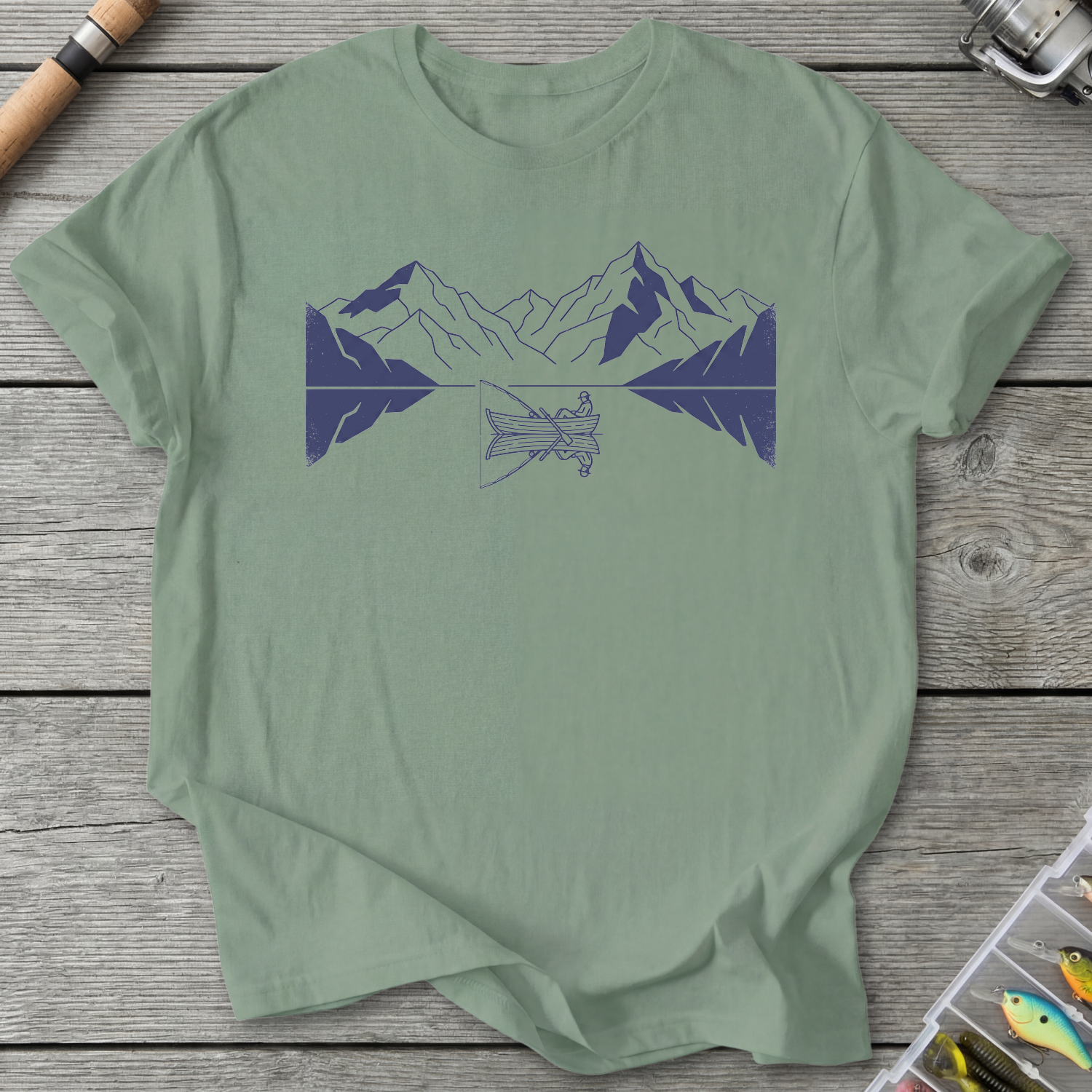 Fishing Lake Mountain Reflection T-Shirt in Sage | River Giants Club