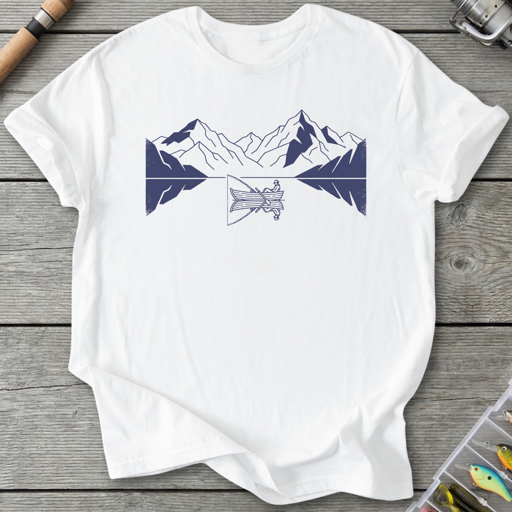 Fishing Lake Mountain Reflection T-Shirt in White | River Giants Club