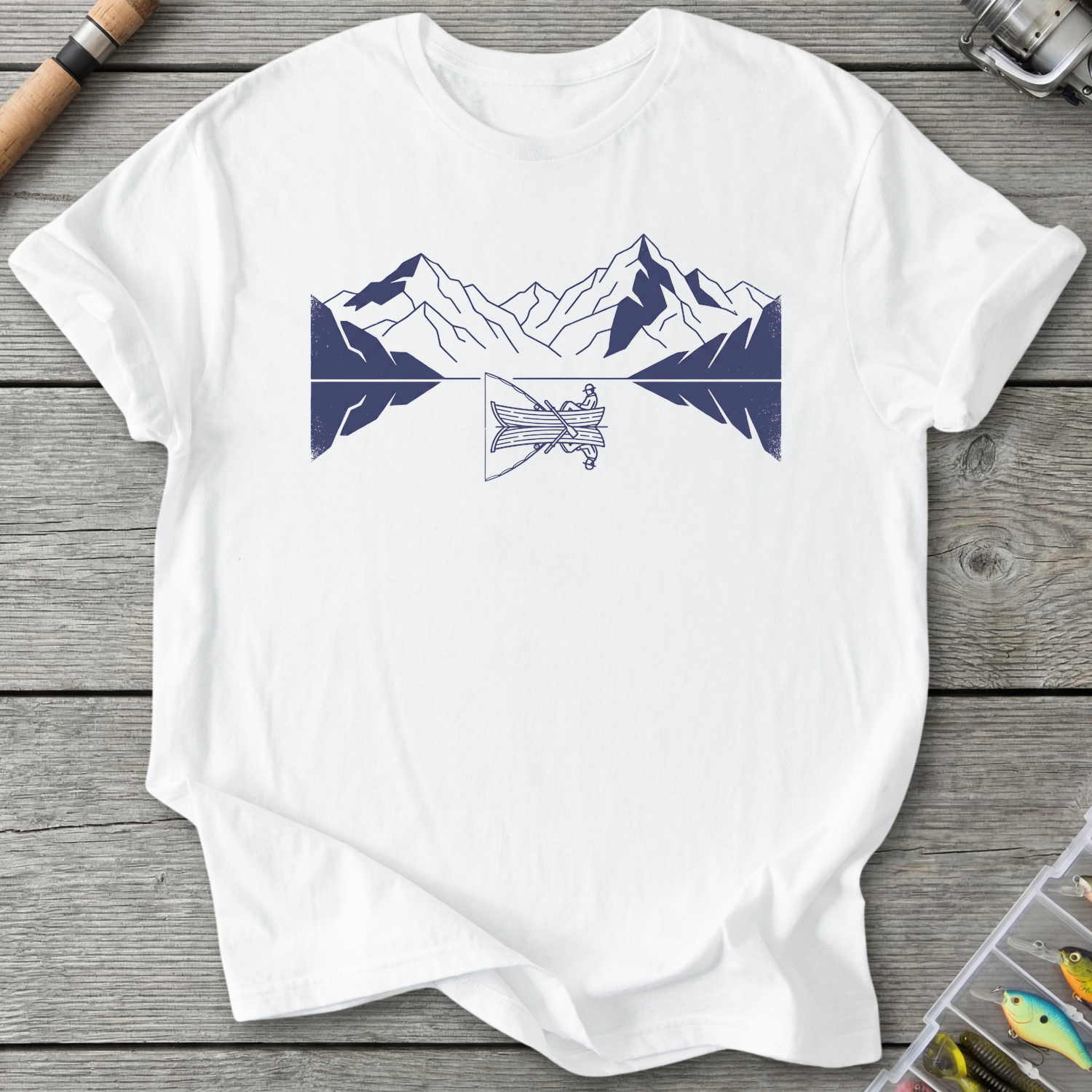 Fishing Lake Mountain Reflection T-Shirt in White | River Giants Club