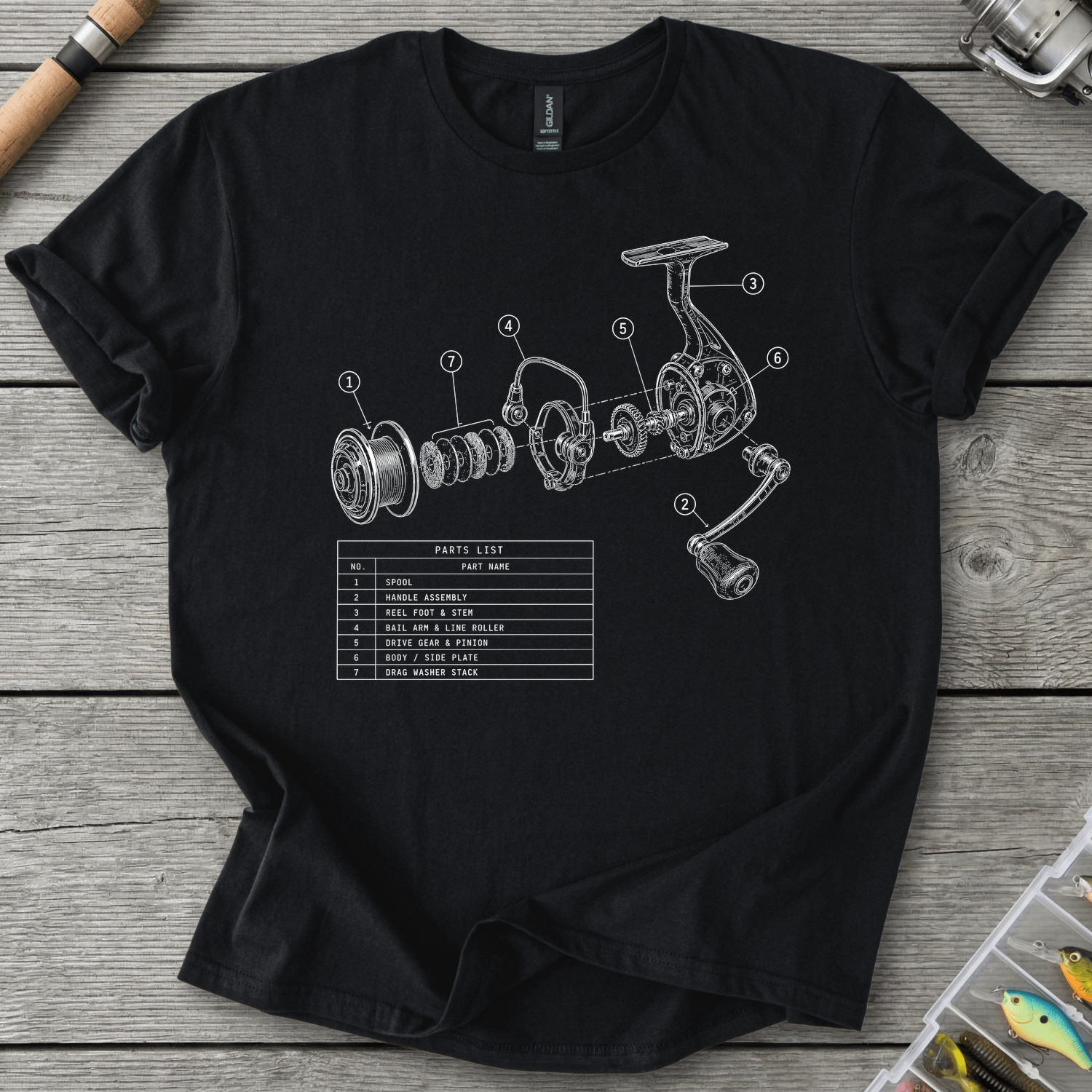 Fishing Reel Exploded View T-Shirt in Black | River Giants Club