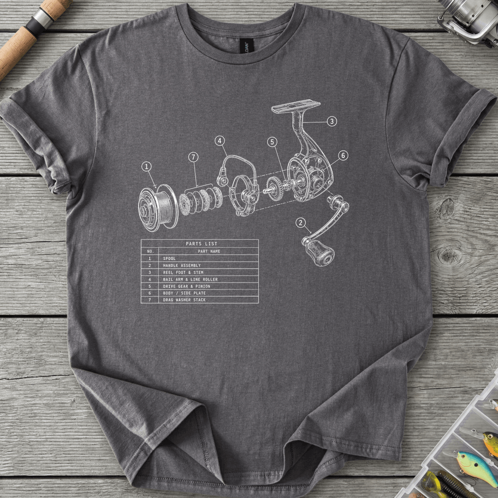 Fishing Reel Exploded View T-Shirt in Charcoal | River Giants Club