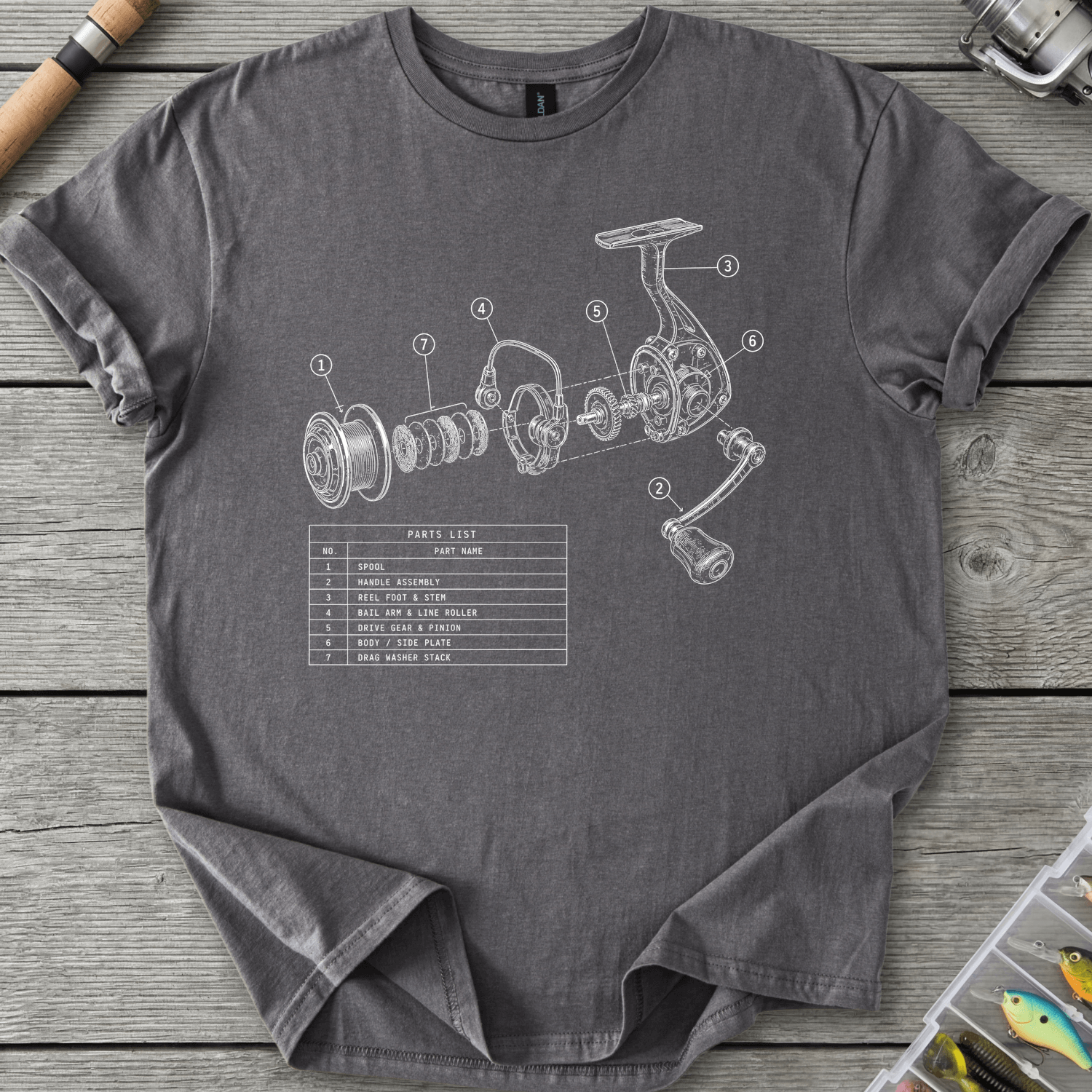 Fishing Reel Exploded View T-Shirt in Charcoal | River Giants Club