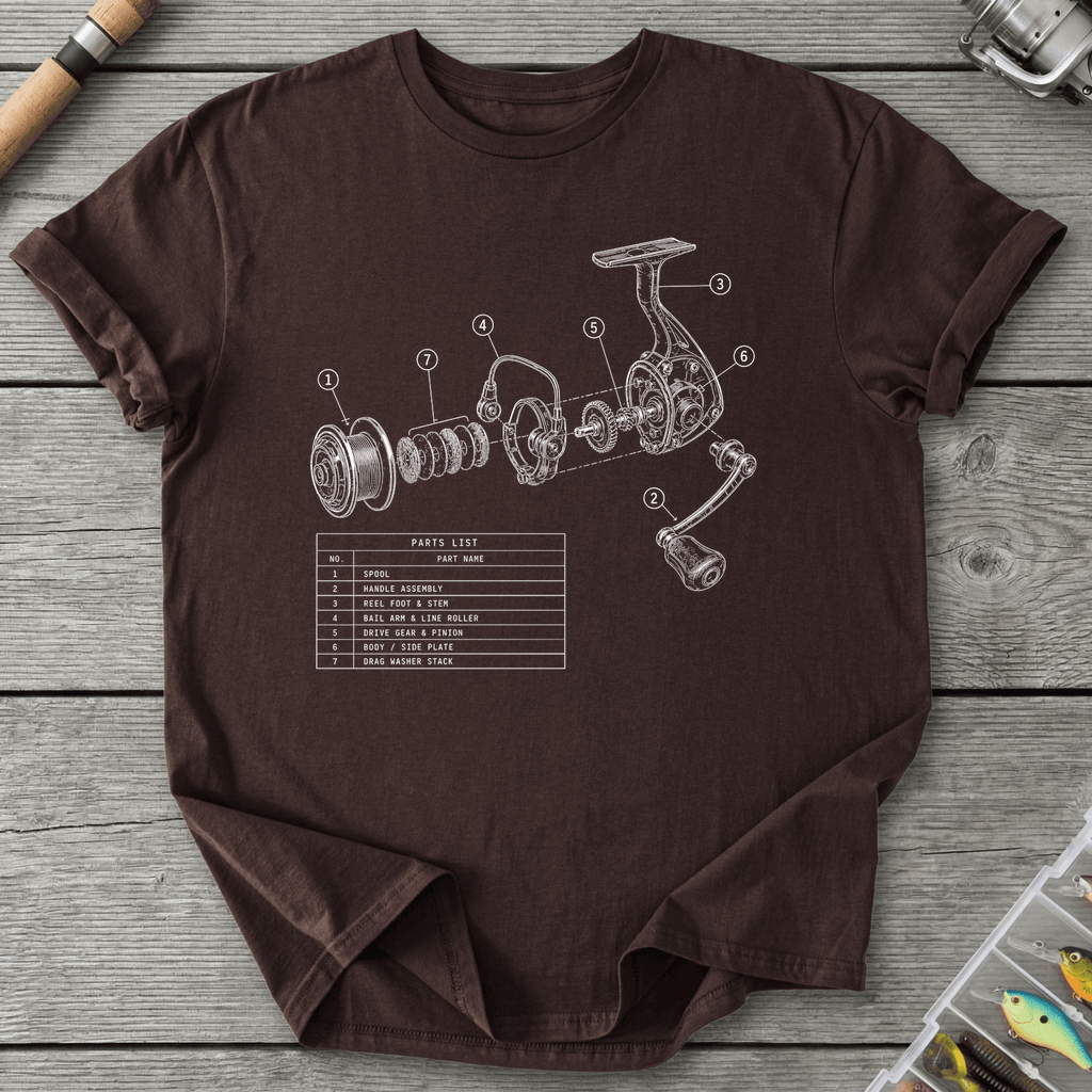 Fishing Reel Exploded View T-Shirt in Dark Chocolate | River Giants Club