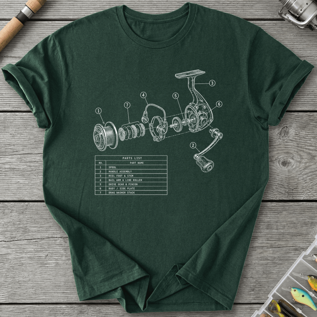 Fishing Reel Exploded View T-Shirt in Forest Green | River Giants Club