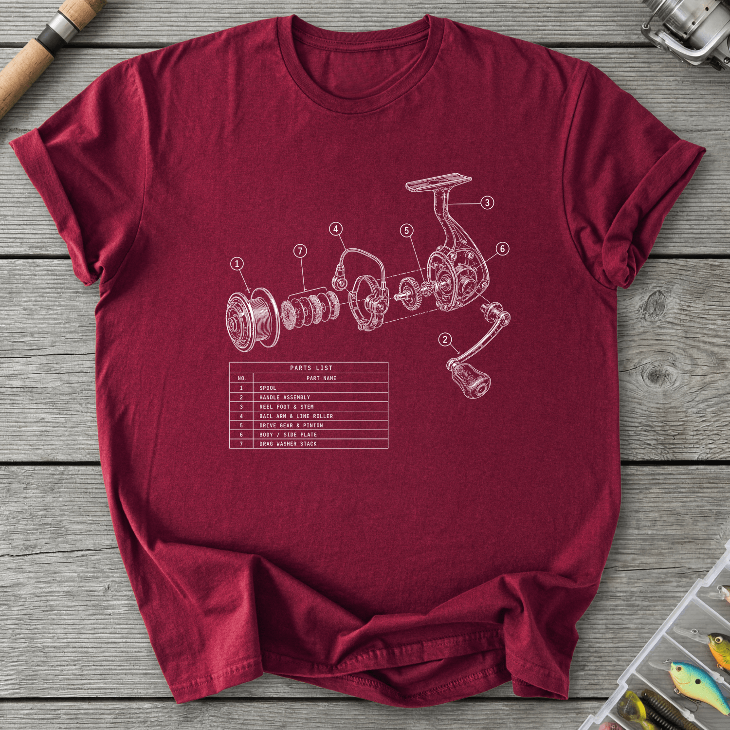 Fishing Reel Exploded View T-Shirt in Maroon | River Giants Club