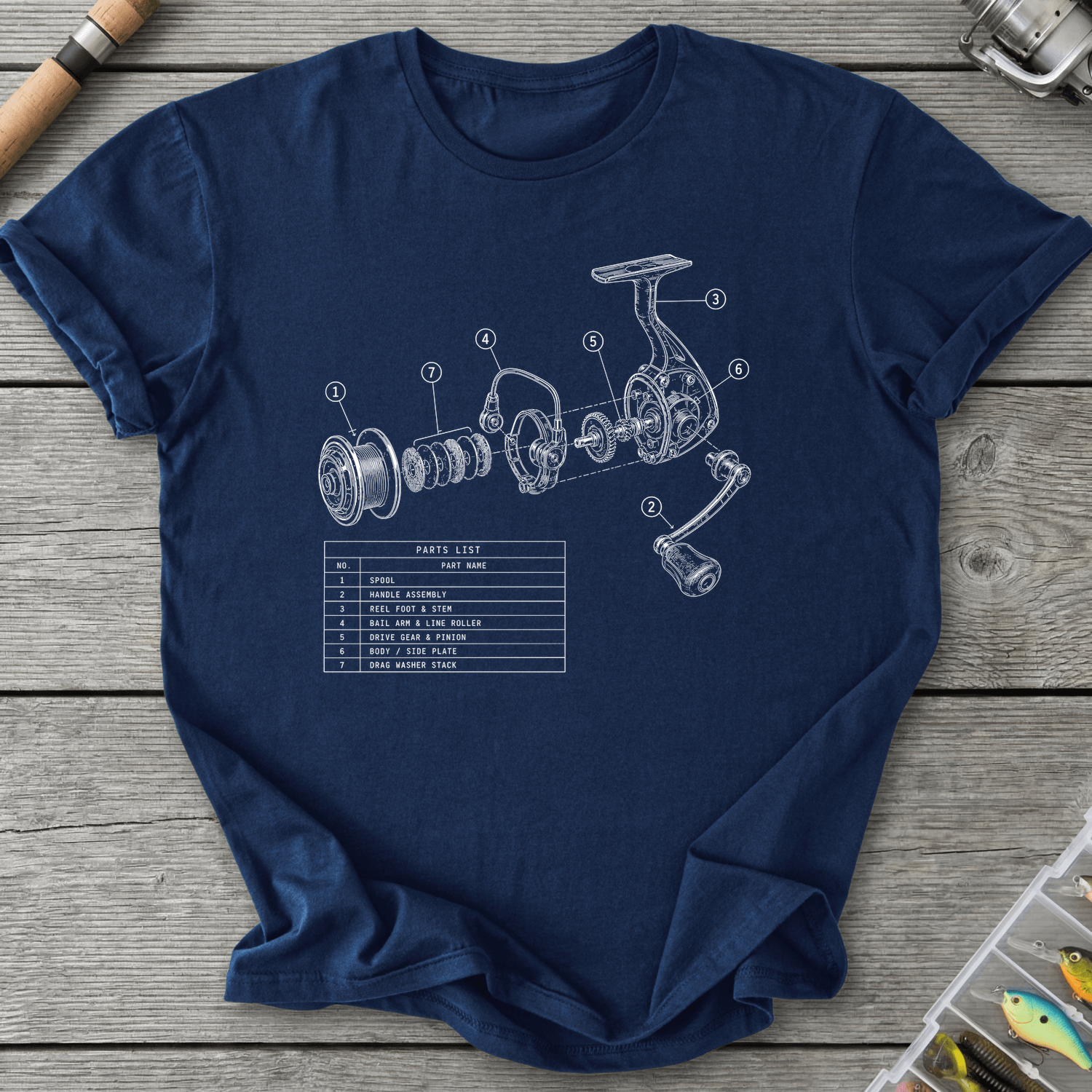Fishing Reel Exploded View T-Shirt in Navy | River Giants Club
