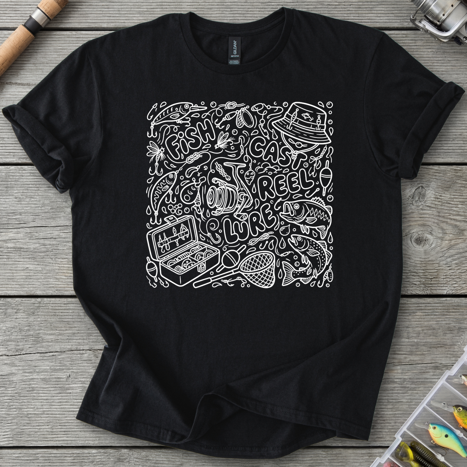 Fishing Trinket Doodle T-Shirt in Black | River Giants Club