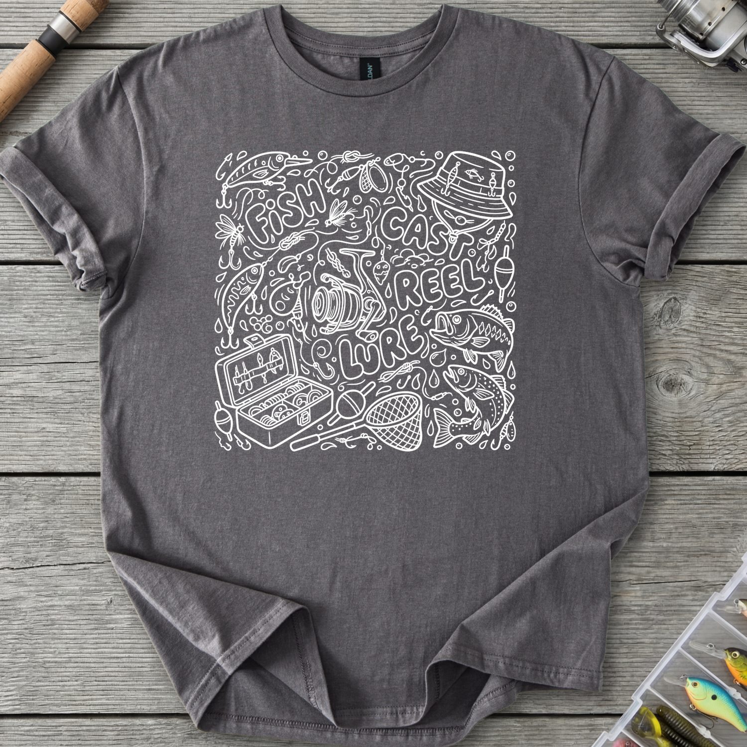 Fishing Trinket Doodle T-Shirt in Charcoal | River Giants Club