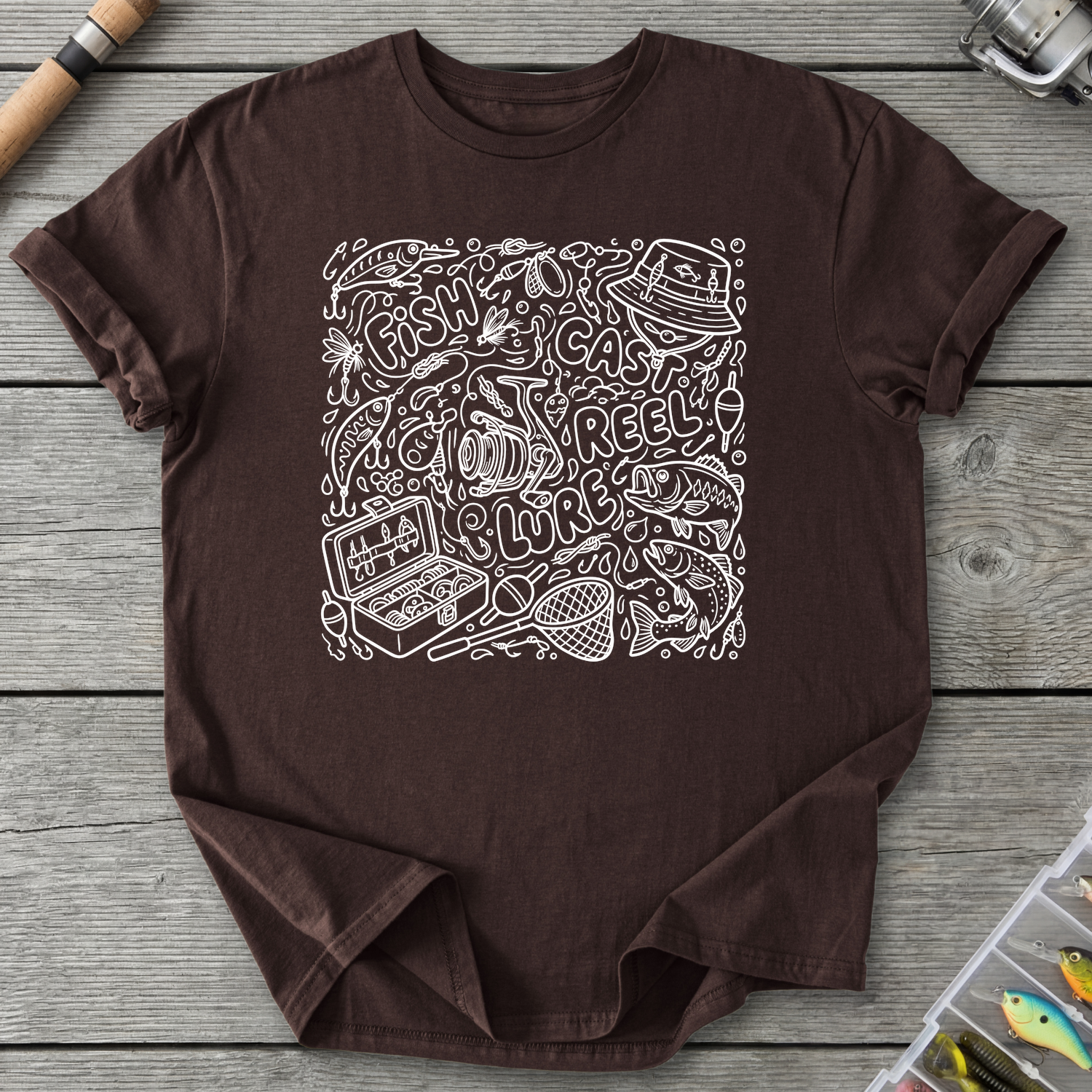 Fishing Trinket Doodle T-Shirt in Dark Chocolate | River Giants Club