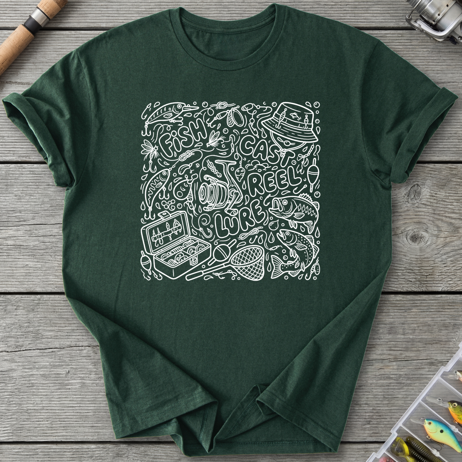 Fishing Trinket Doodle T-Shirt in Forest Green | River Giants Club