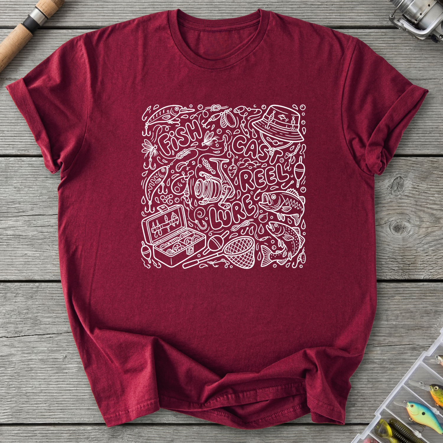 Fishing Trinket Doodle T-Shirt in Maroon | River Giants Club