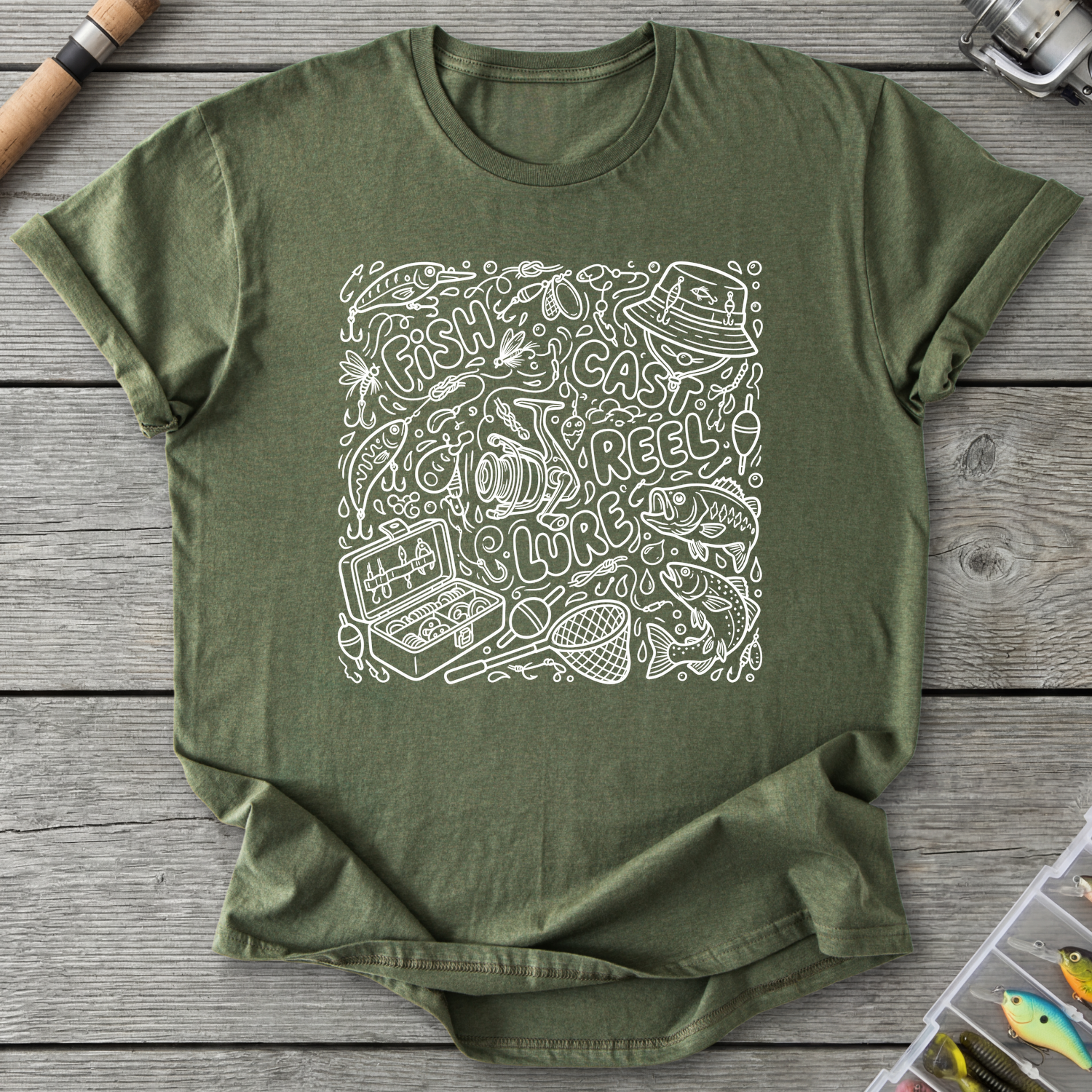 Fishing Trinket Doodle T-Shirt in Military Green | River Giants Club