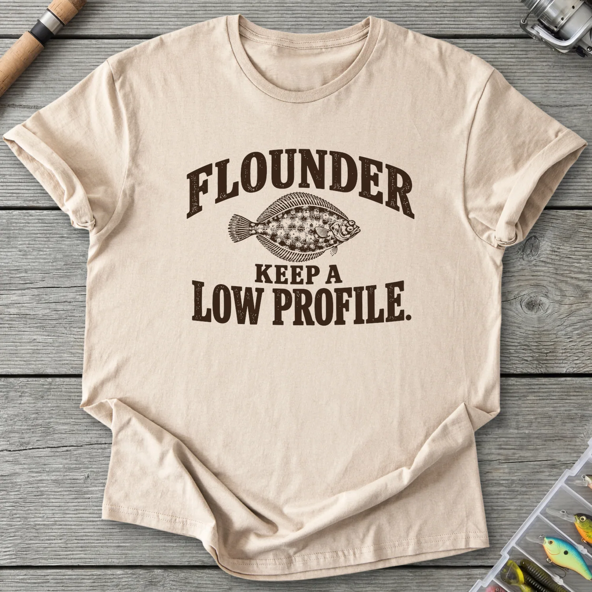 Flounder Keep A Low Profile T-Shirt in Sand | River Giants Club