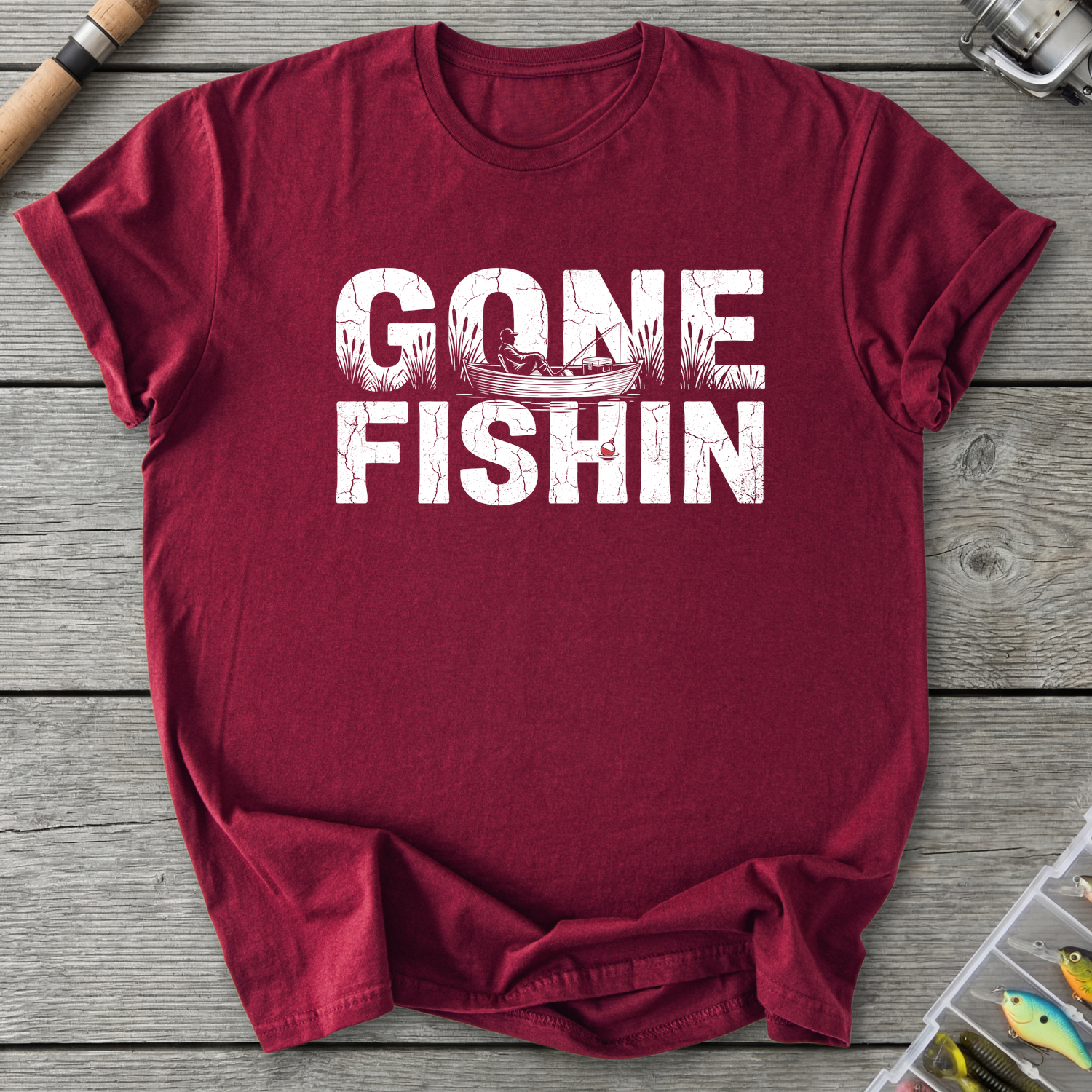 Gone Fishin Silhouette T-Shirt in Maroon | River Giants Club