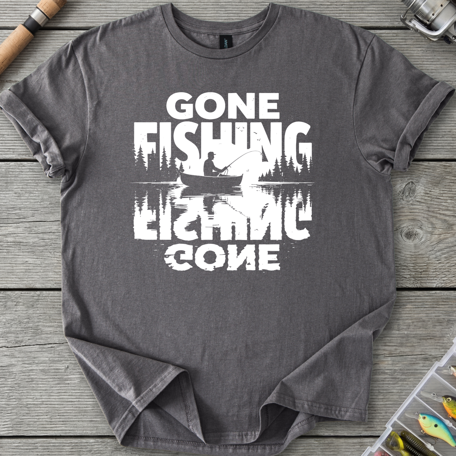 Gone Fishing Lake Reflection T-Shirt in Charcoal | River Giants Club