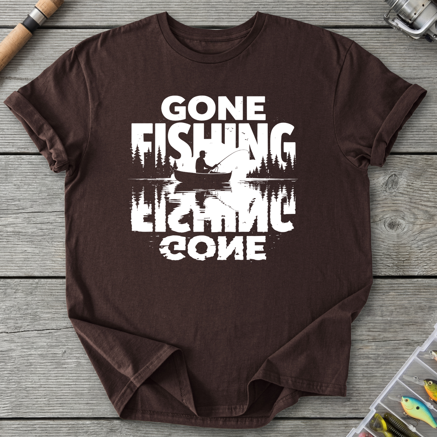 Gone Fishing Lake Reflection T-Shirt in Dark Chocolate | River Giants Club