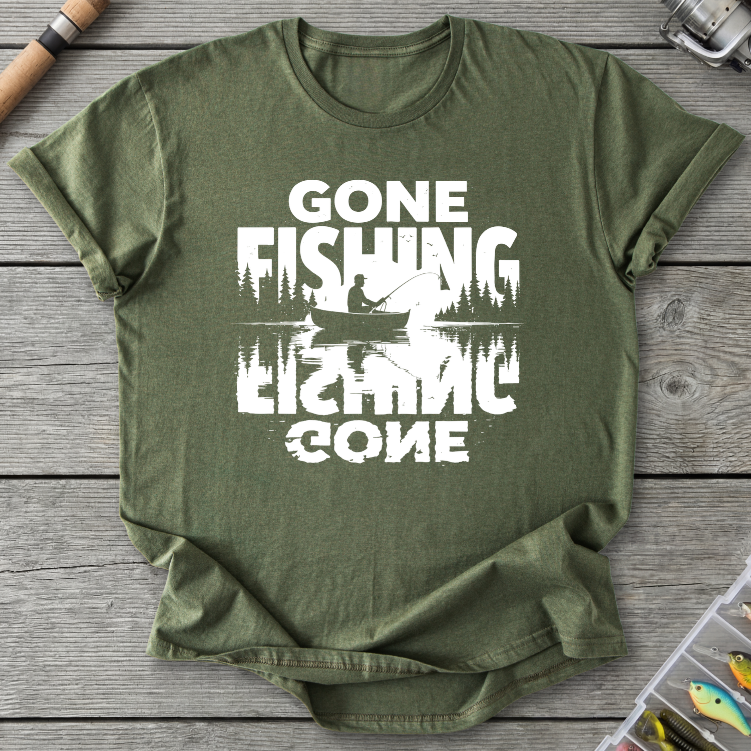 Gone Fishing Lake Reflection T-Shirt in Military Green | River Giants Club