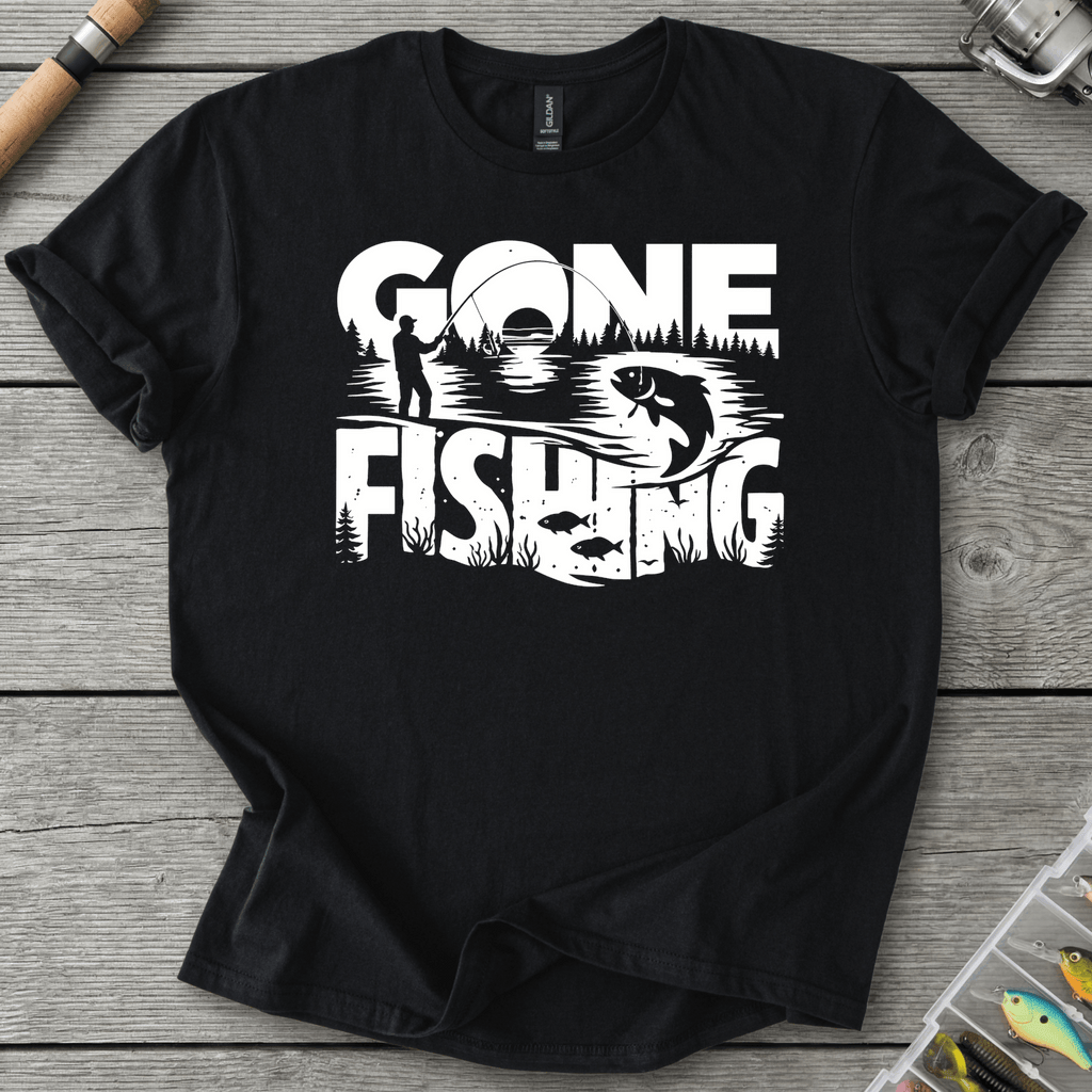 Gone Fishing Lake Scene T-Shirt in Black | River Giants Club