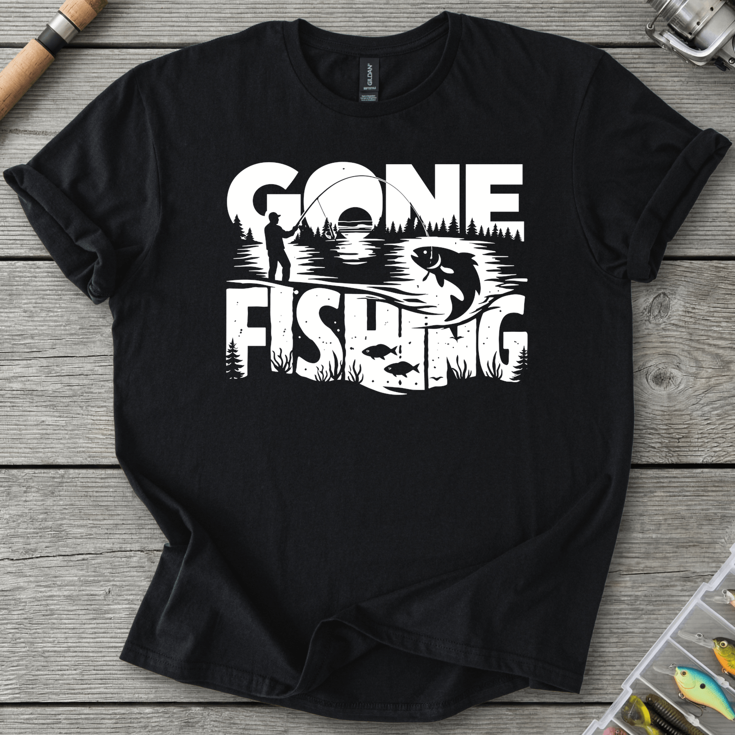 Gone Fishing Lake Scene T-Shirt in Black | River Giants Club