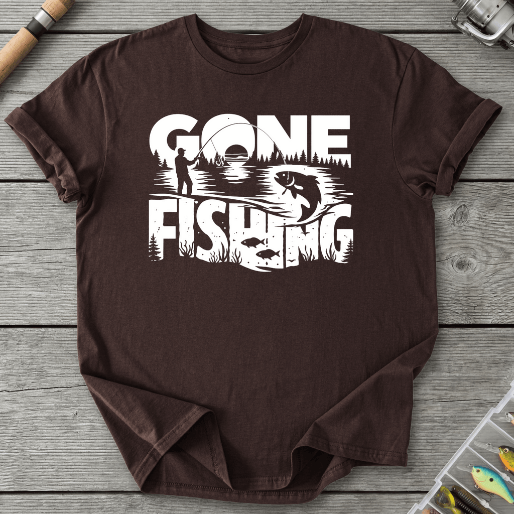 Gone Fishing Lake Scene T-Shirt in Dark Chocolate | River Giants Club