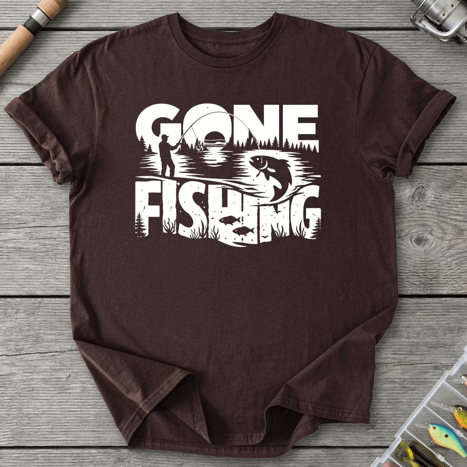 Gone Fishing Lake Scene T-Shirt in Dark Chocolate | River Giants Club