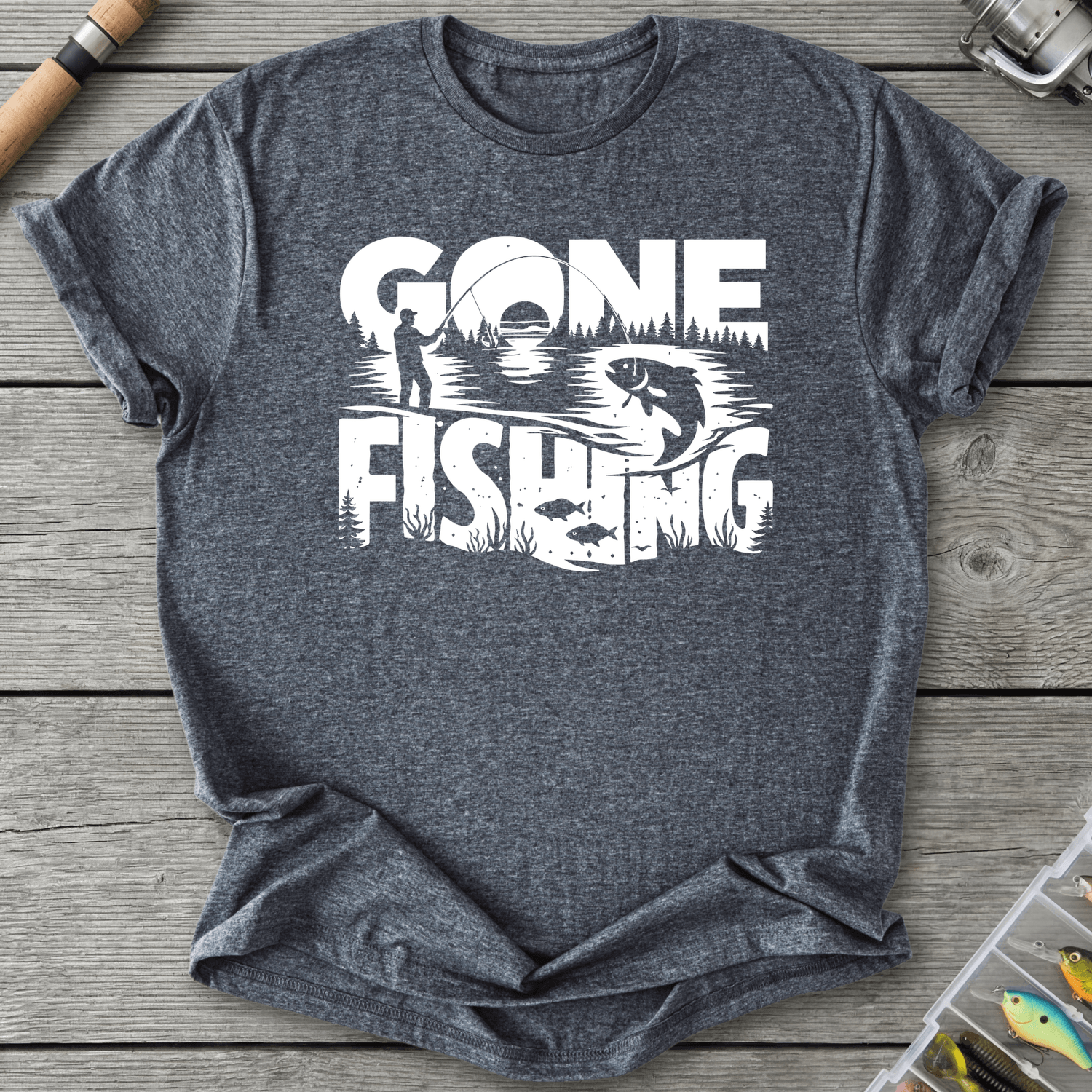 Gone Fishing Lake Scene T-Shirt in Dark Heather | River Giants Club