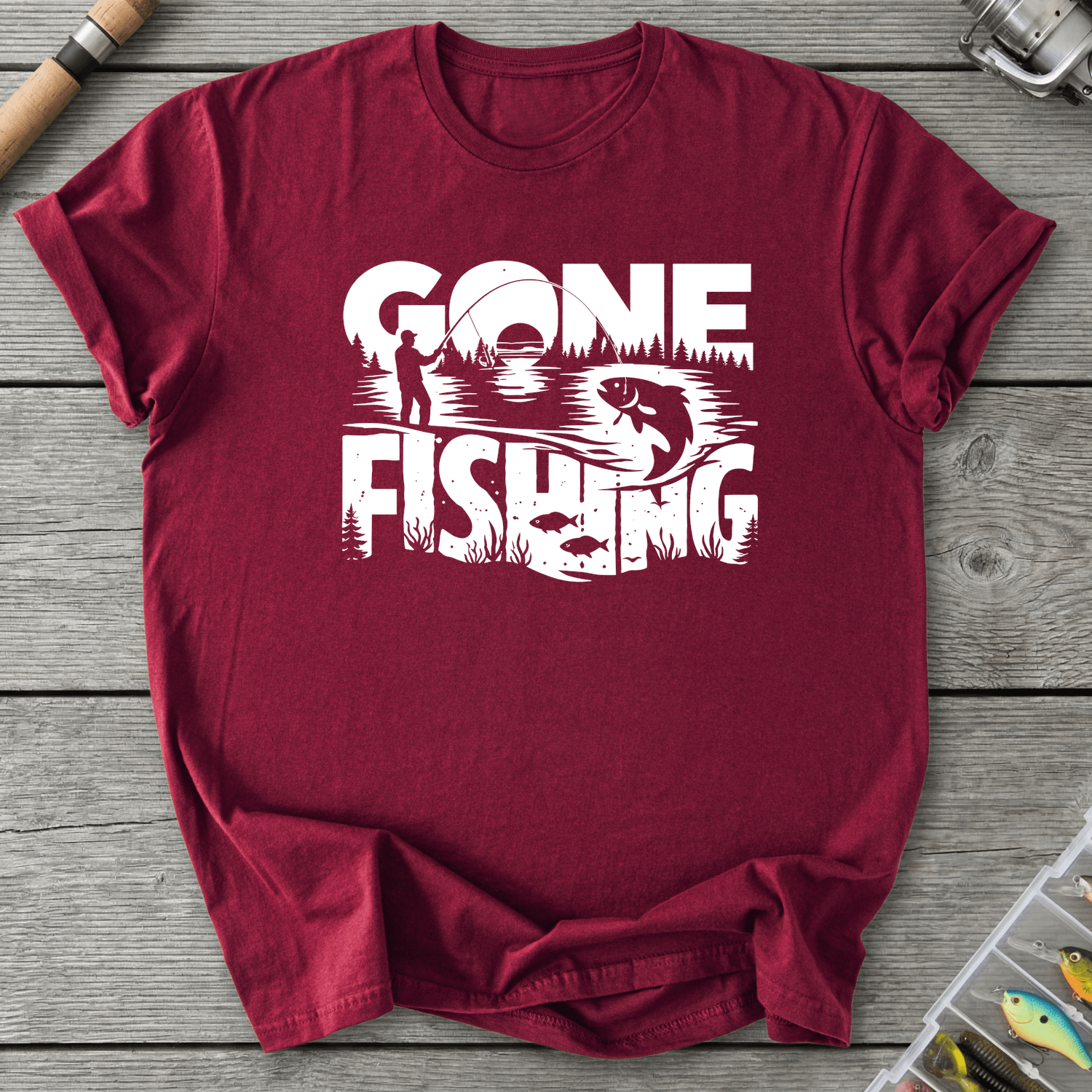 Gone Fishing Lake Scene T-Shirt in Maroon | River Giants Club