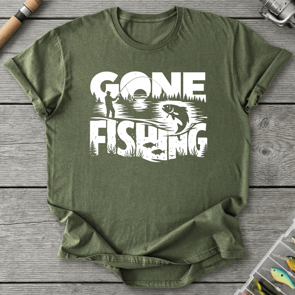 Gone Fishing Lake Scene T-Shirt in Military Green | River Giants Club