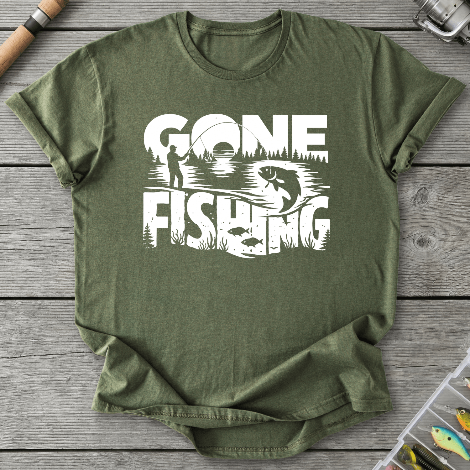 Gone Fishing Lake Scene T-Shirt in Military Green | River Giants Club