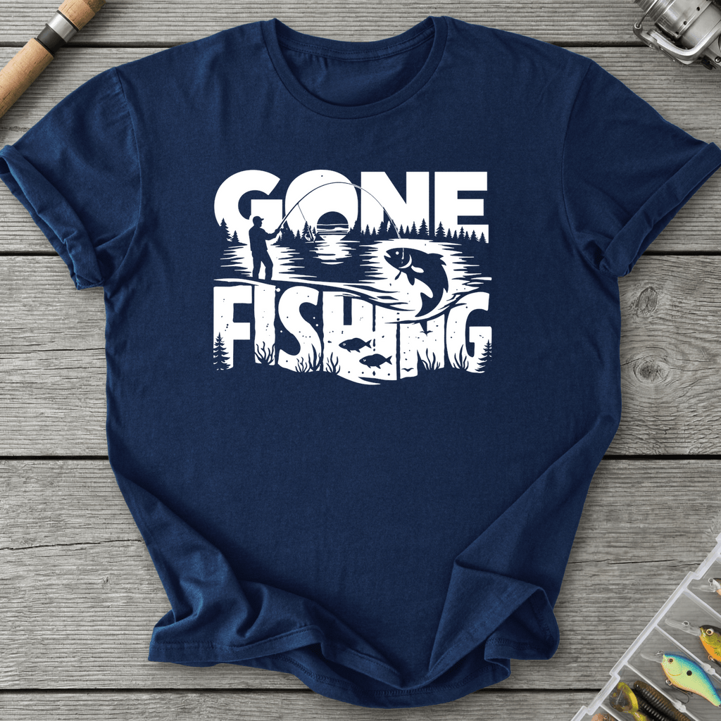 Gone Fishing Lake Scene T-Shirt in Navy | River Giants Club